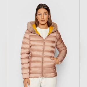 NWT Women's Shimmer Y2K Rose Puffer Jacket w Orange Gold Lining Sustainable Sz S